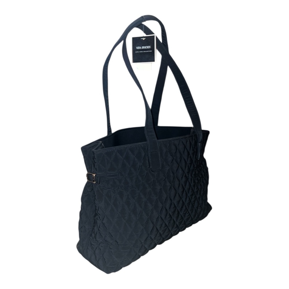 Vera Bradley Black Microfiber Buckle Tote Quilted Purse Handbag 3 Compartments